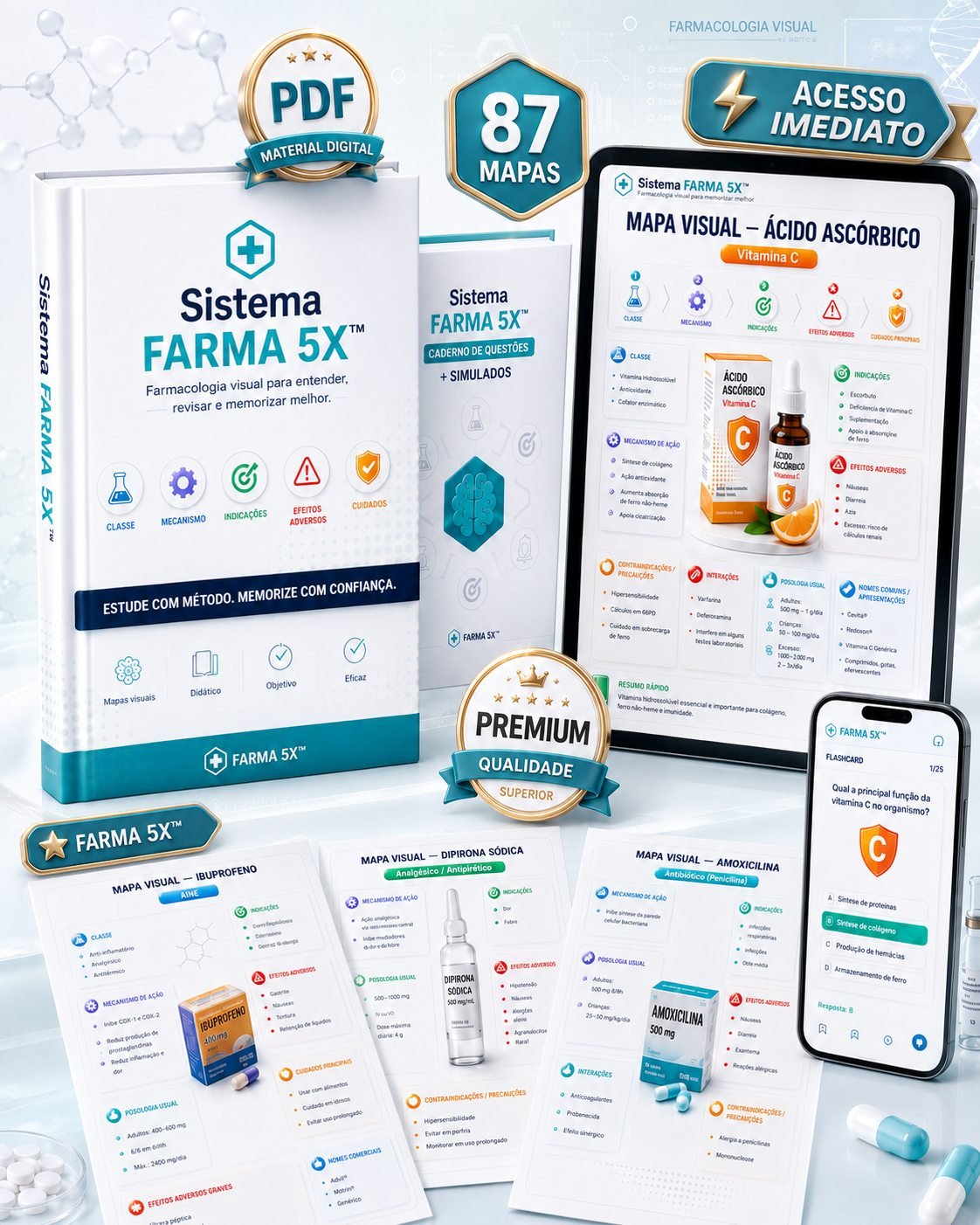 Sistema FARMA 5X™ — livro, caderno de questões, tablet e celular com mapas visuais e flashcards